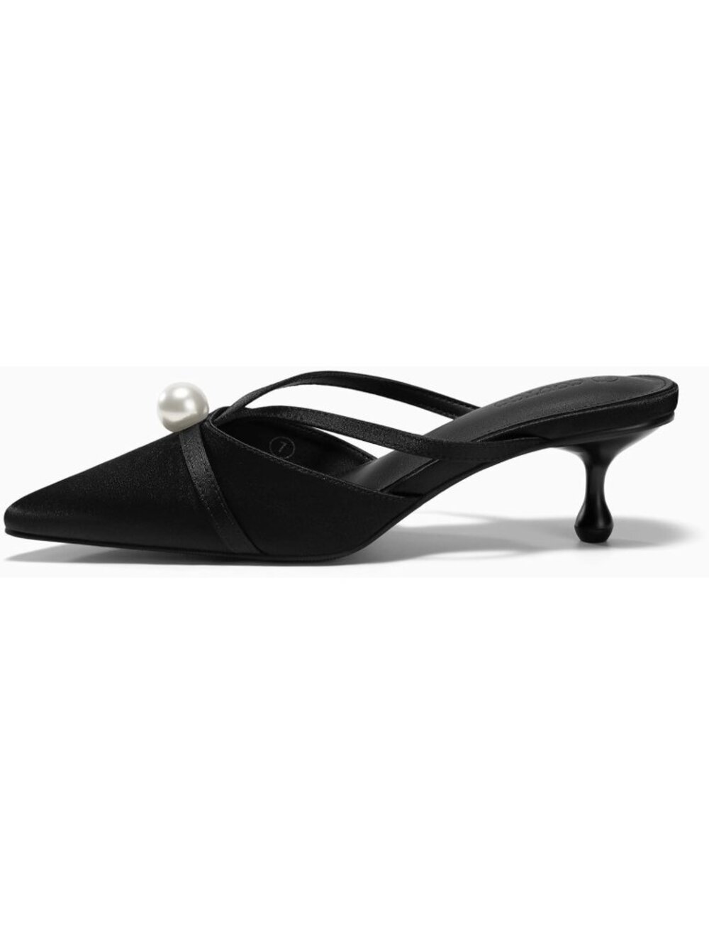 Women's Black Pearl Kitten Heels Closed Pointed Toe Satin Mules Sandals - Picture 4 of 6